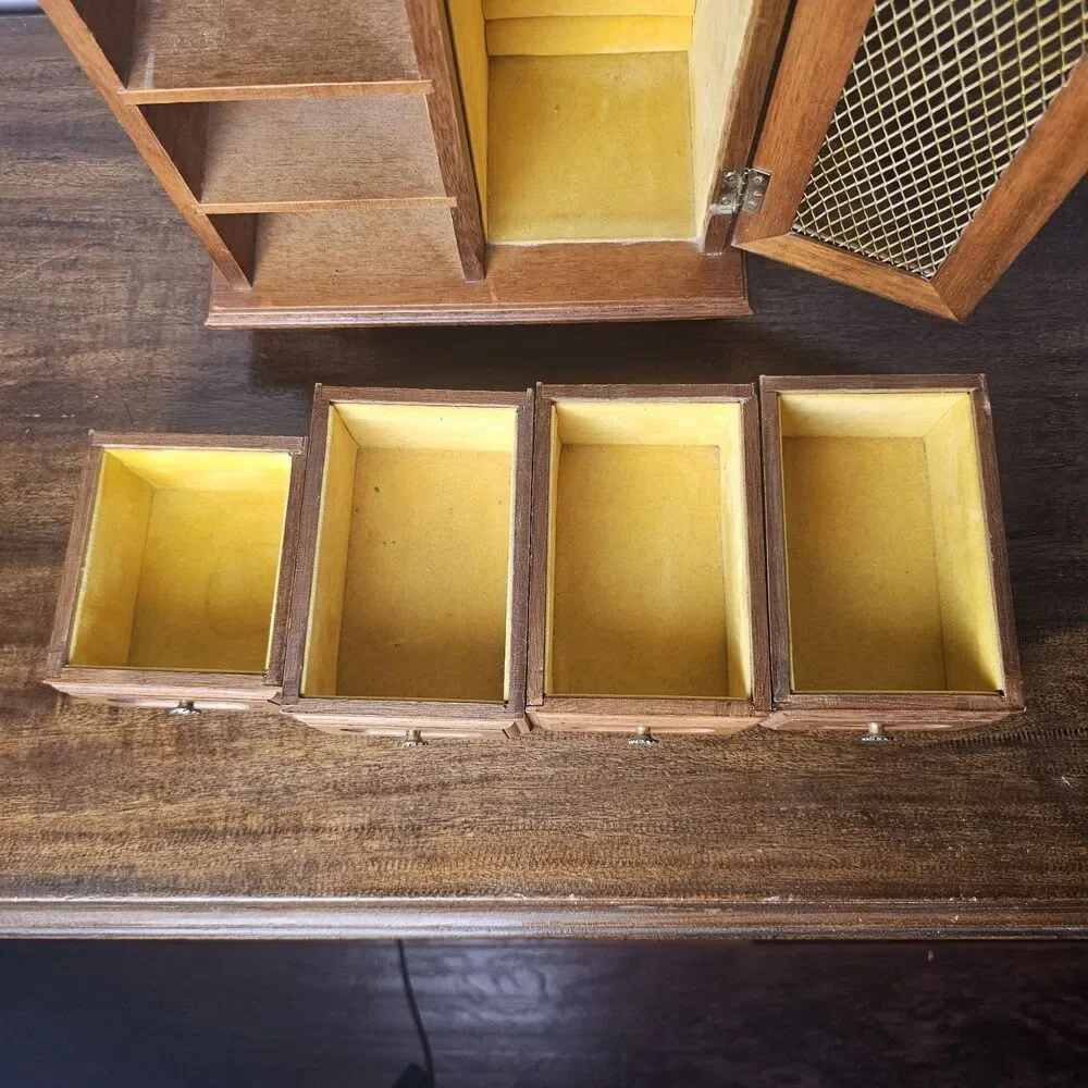 Vintage Musical Wooden Jewelry Armoire Box Gold Mesh Door Velvet Lined Necklace